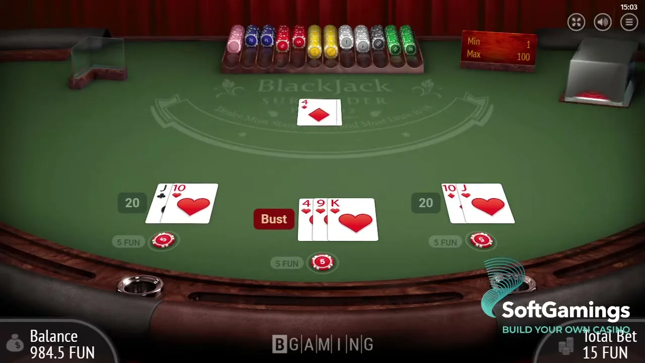 Surrender Multihand Blackjack — partida en vivo